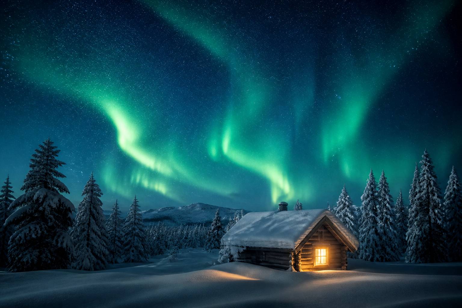 Chalet en bois sous des aurores boréales dans un paysage enneigé