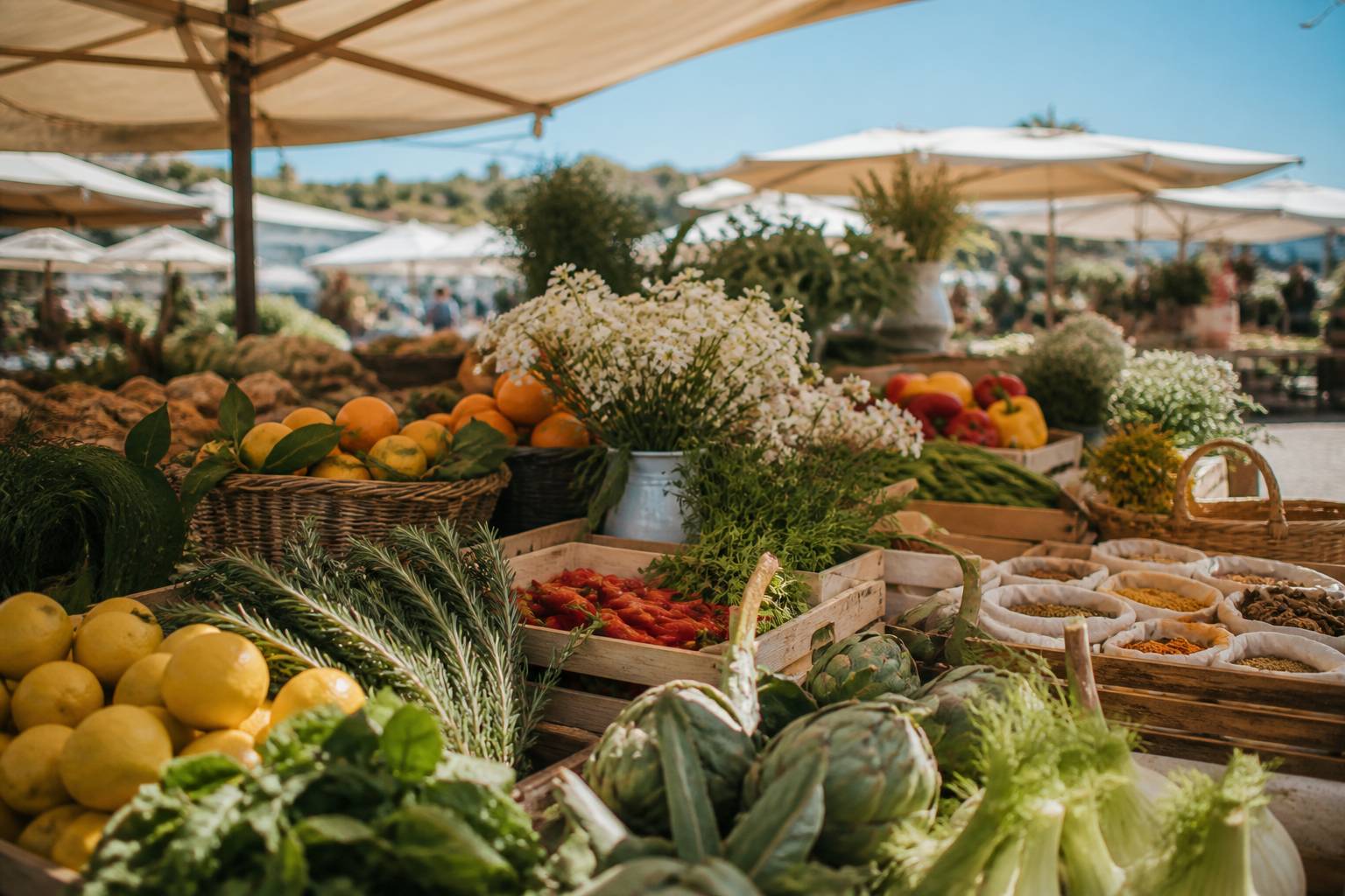 Étal de marché provençal avec produits locaux et fleurs à Cannes