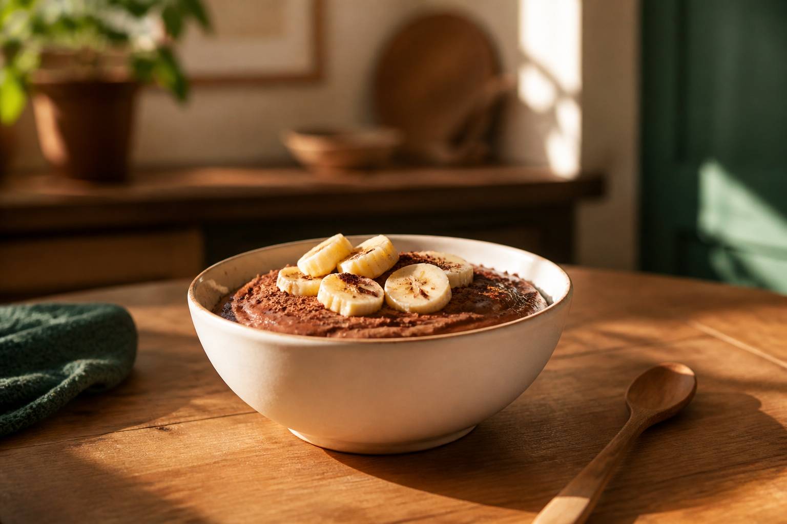 Mousse au chocolat noir avec morceaux de banane et cacao dans un bol