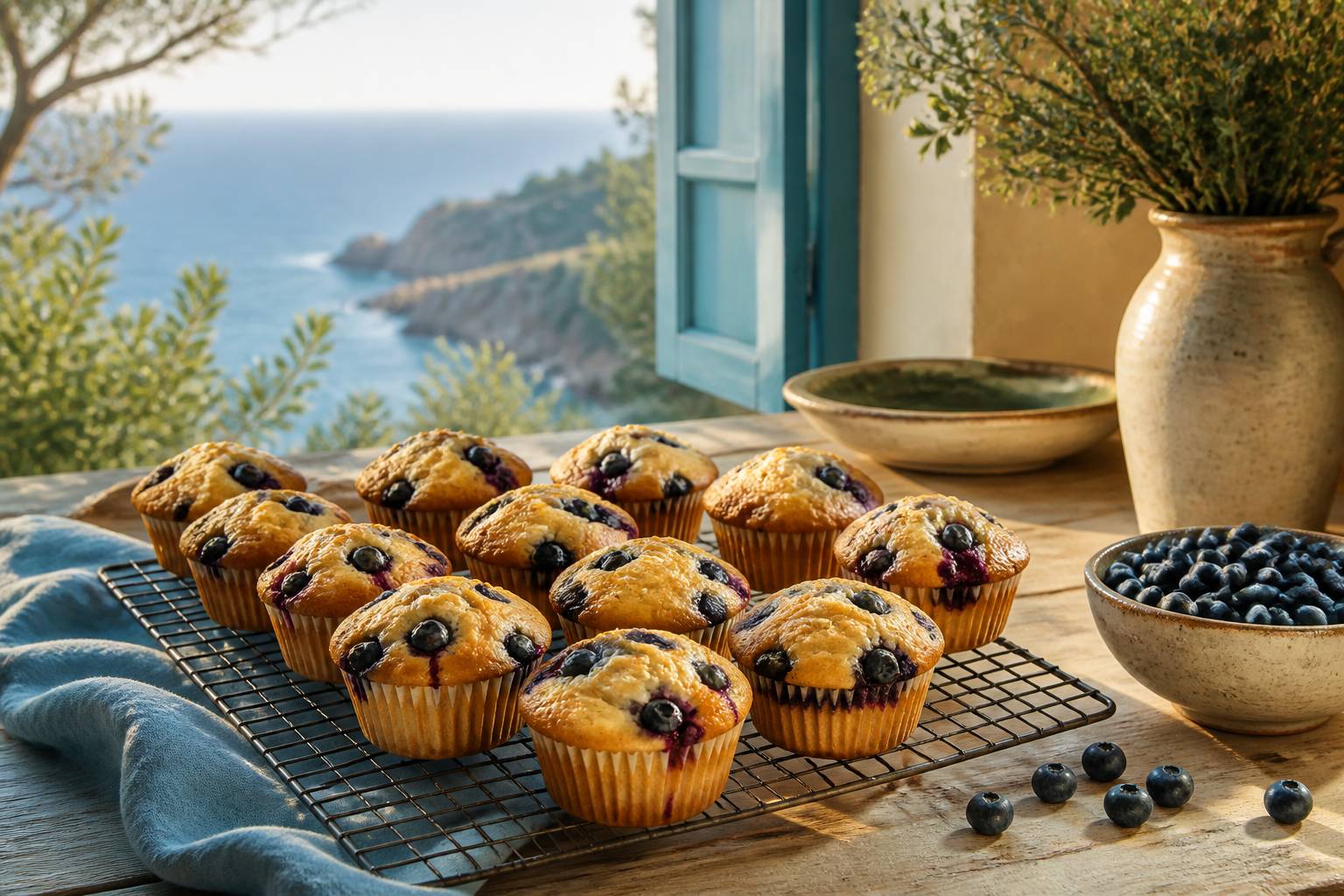 Douze muffins aux myrtilles bien gonflés sur une grille