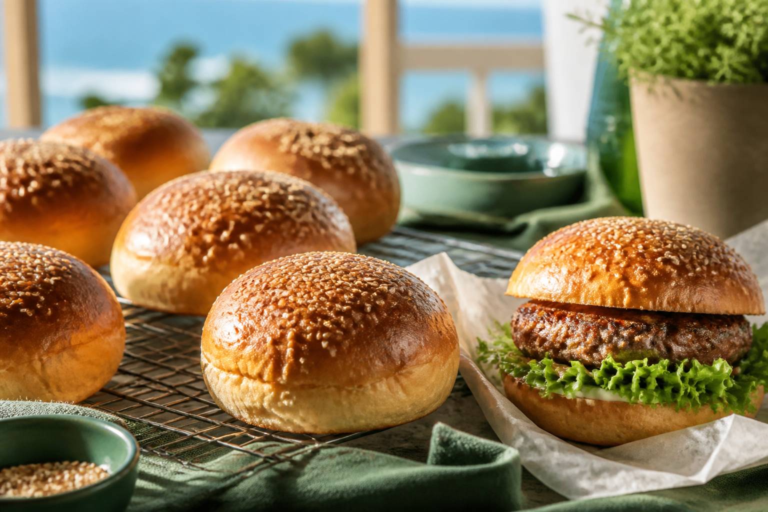 Pains à burger dorés parsemés de sésame sur une grille avec un burger monté