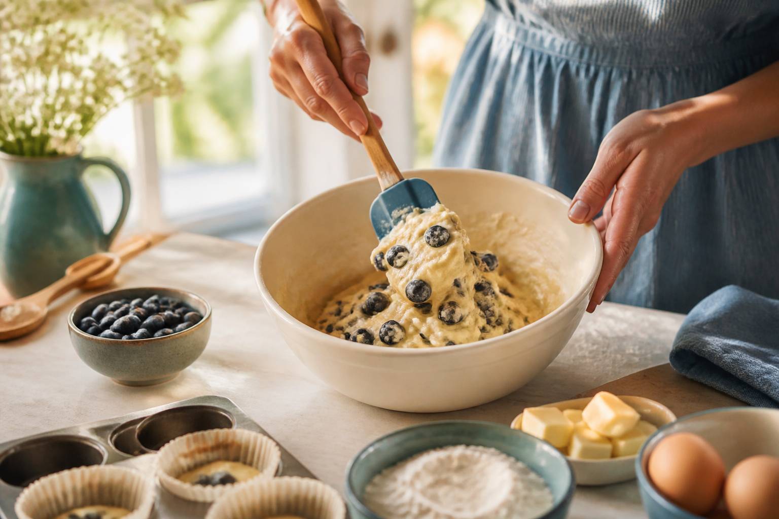 Mains pliant des myrtilles dans une pâte à muffins avec une spatule