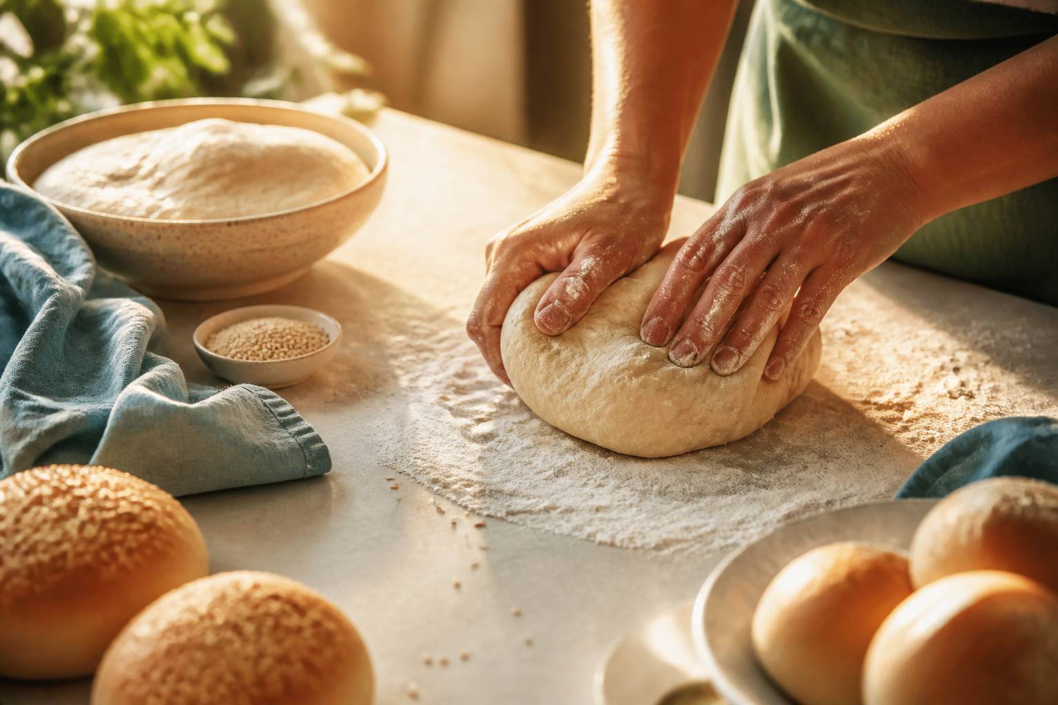 Mains pétrissant une pâte à pain avec un bol de pâte levée et du sésame