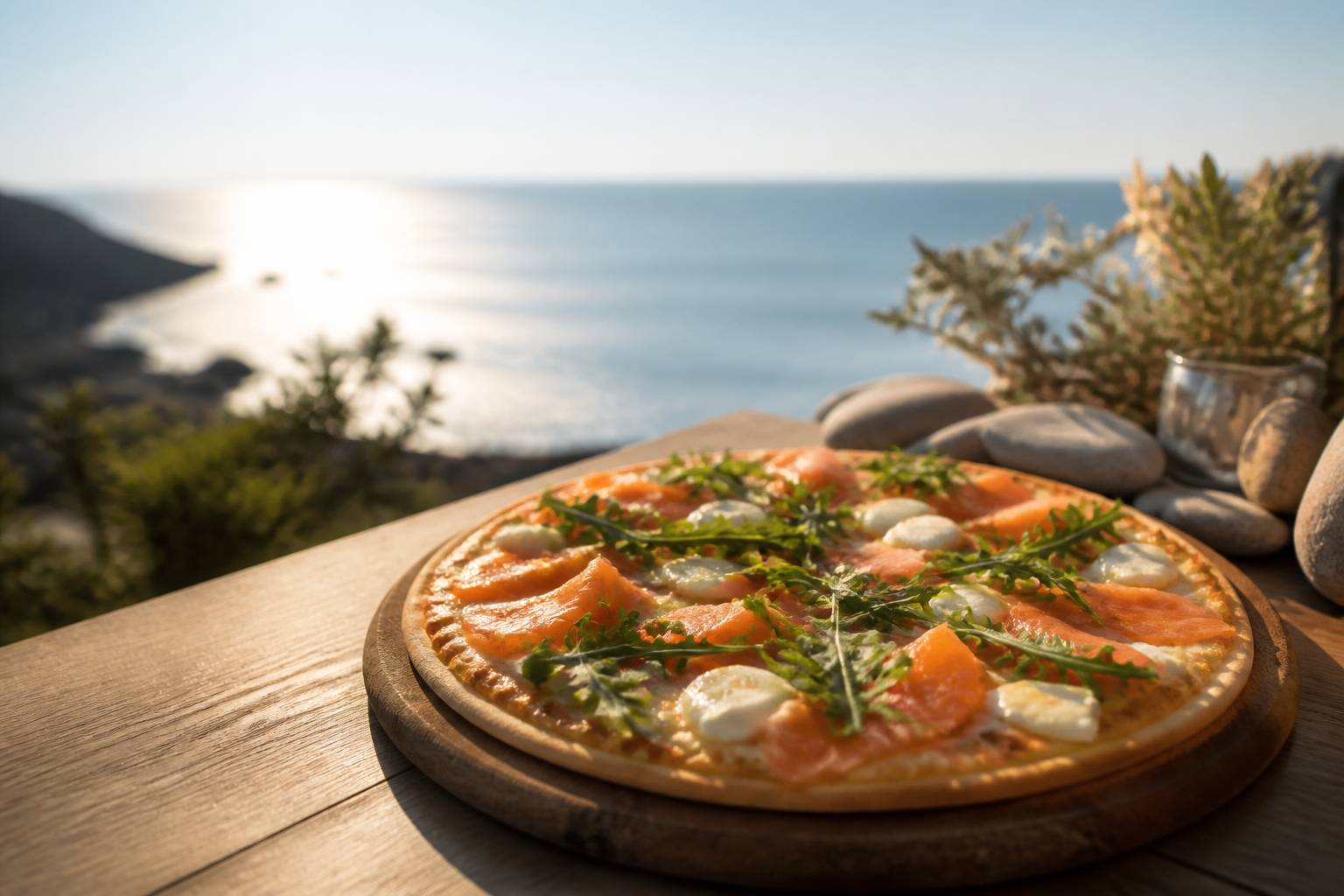 Pizza au saumon fumé avec du chèvre fondant, de la mozzarella et de la roquette