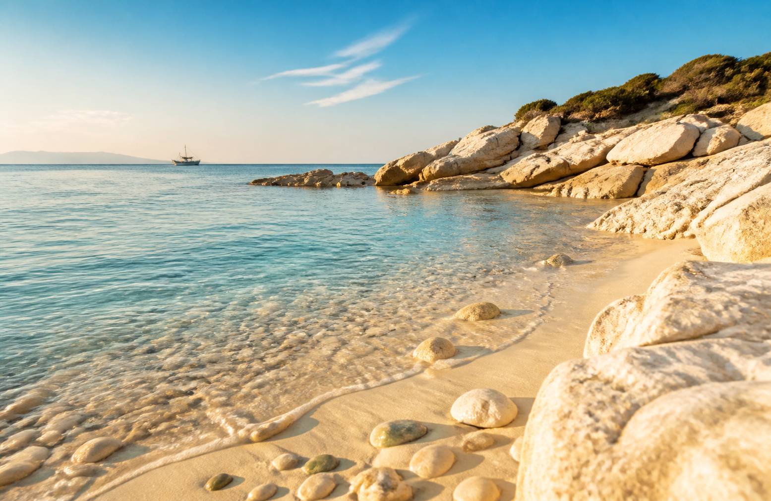 Plage de Naxos au sable clair avec eau turquoise transparente et petit bateau de pêche au loin