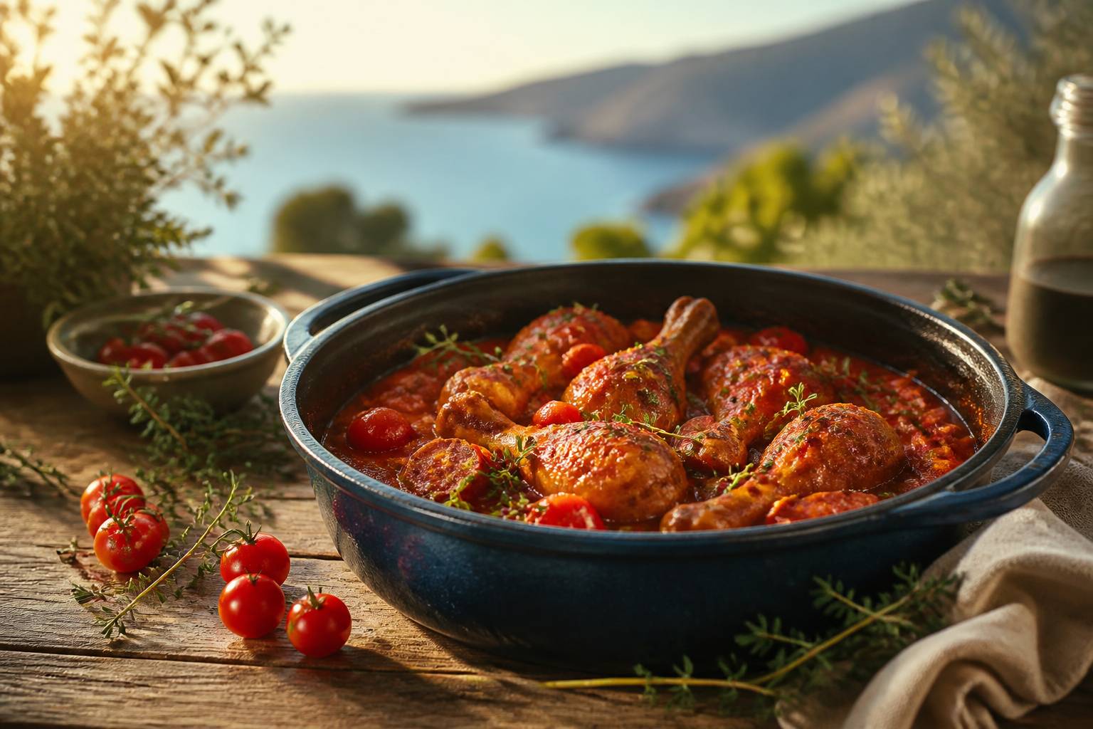 Cocotte en fonte de poulet au chorizo sur une table en bois