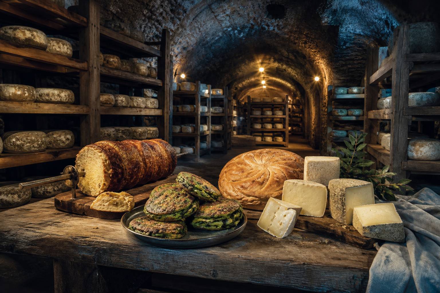 Cave d'affinage avec meules de fromage et gâteau à la broche