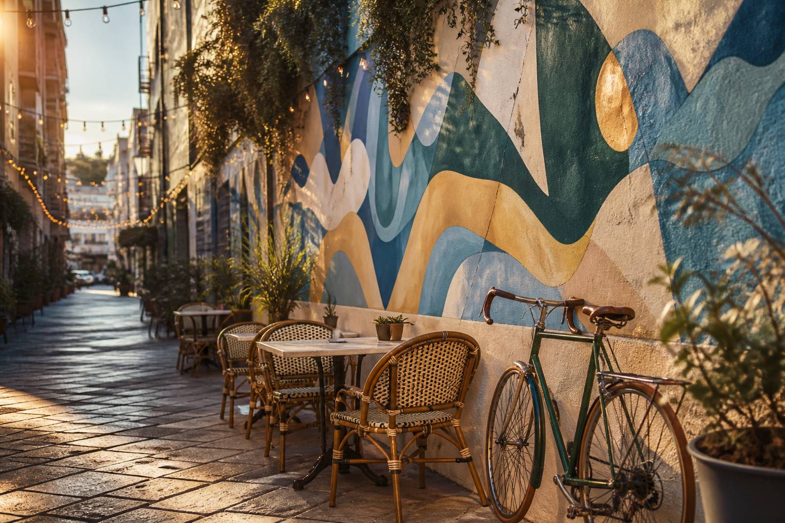 Ruelle créative avec street art générique et terrasse de café