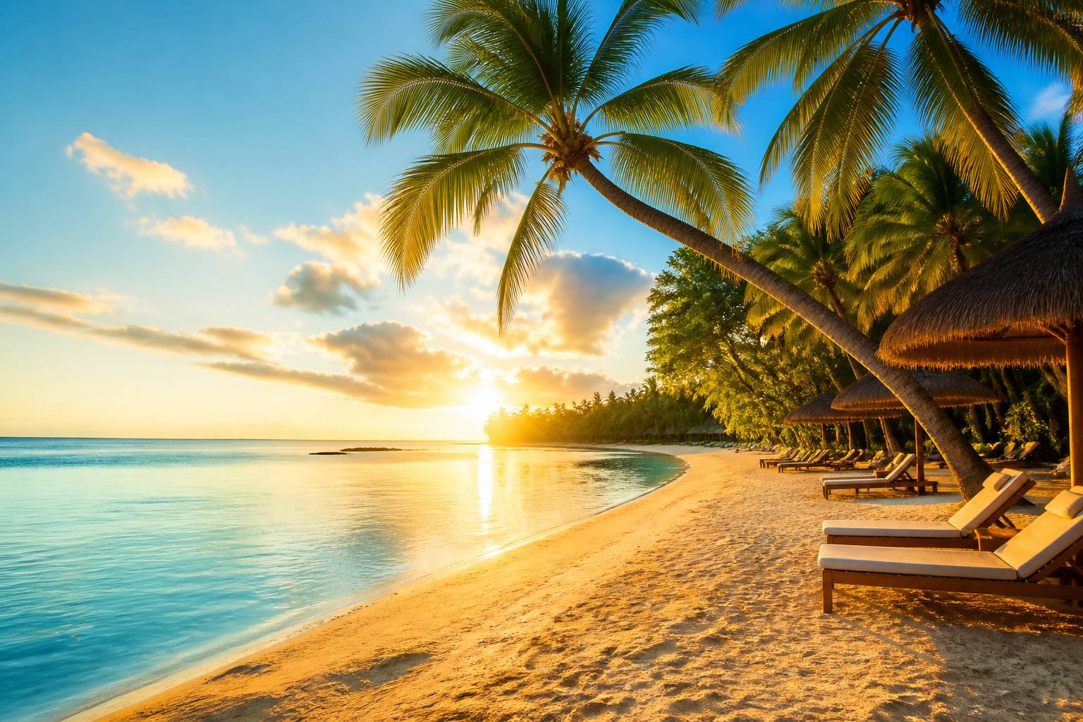Plage paradisiaque de l'île Maurice avec lagon turquoise et transats sous palapas