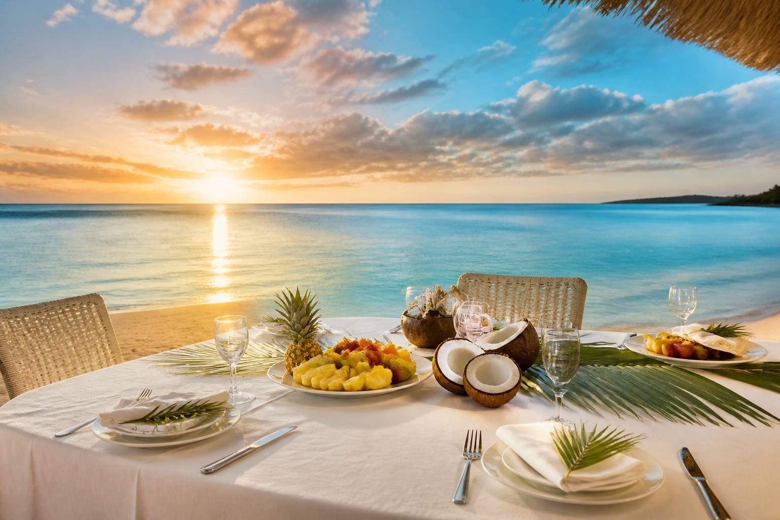 Table de restaurant all-inclusive en bord de plage avec fruits tropicaux au coucher du soleil
