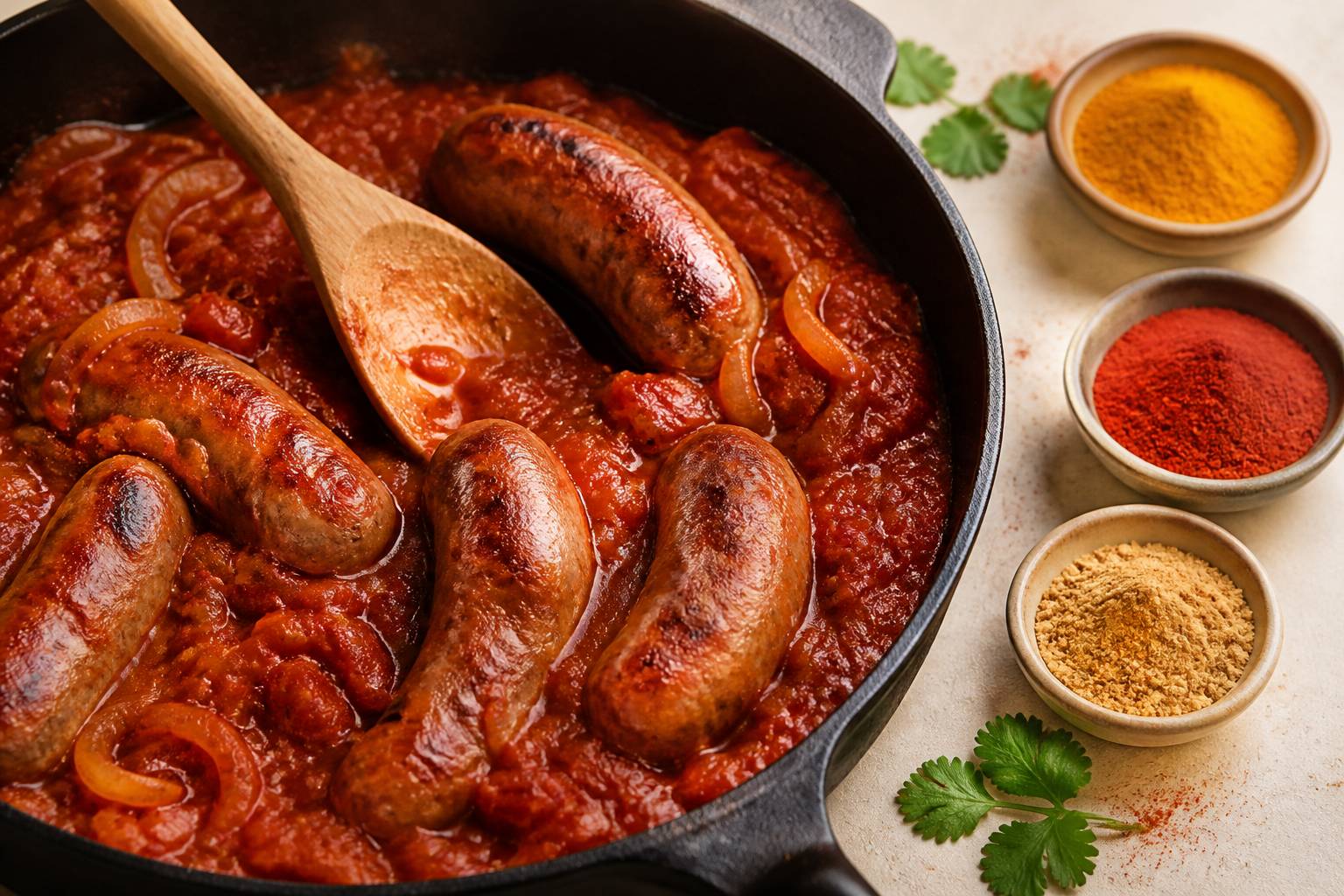 Saucisses revenant dans une sauce tomate épicée dans une poêle en fonte