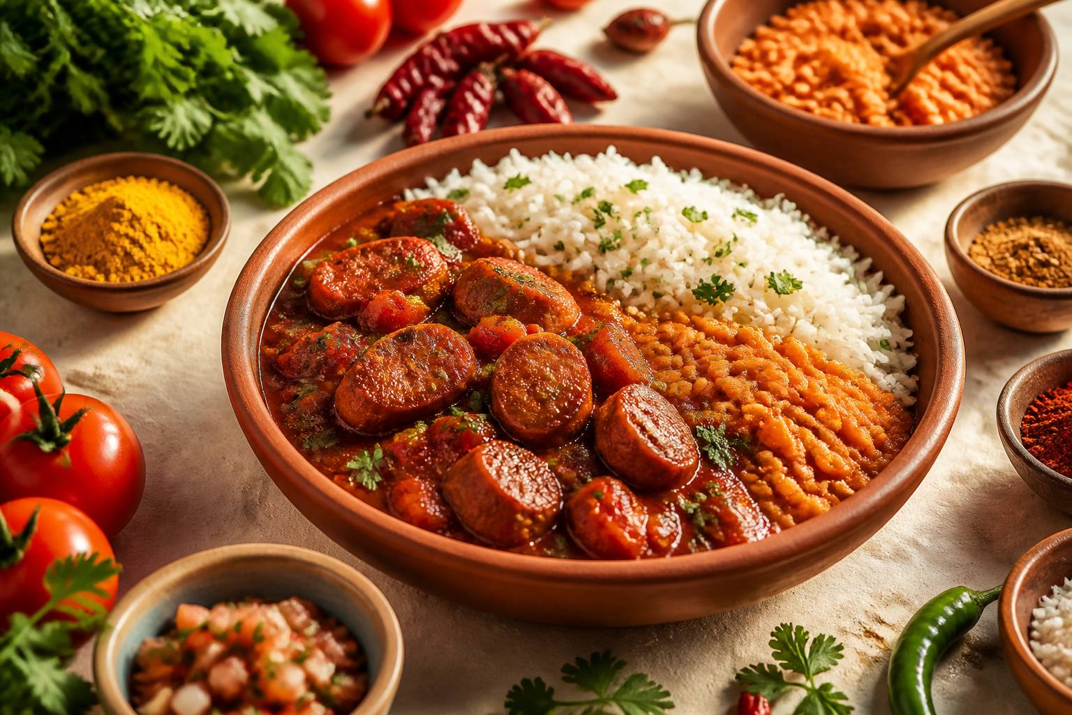 Plat de rougaille saucisse mauricien avec riz basmati et lentilles corail
