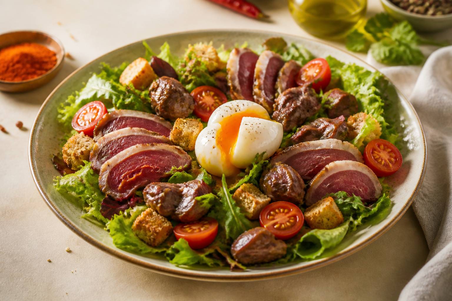 Salade landaise avec magret de canard, gésiers confits et œuf mollet