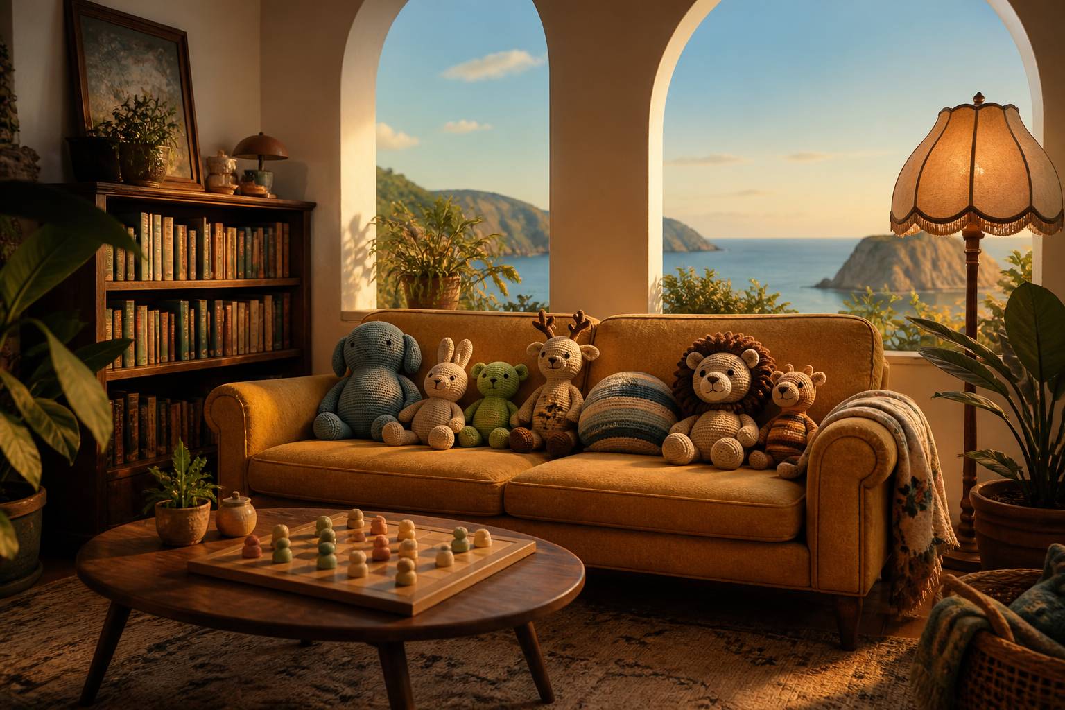 Coin salon d'hôtel avec canapé vintage, peluches et jeu de société