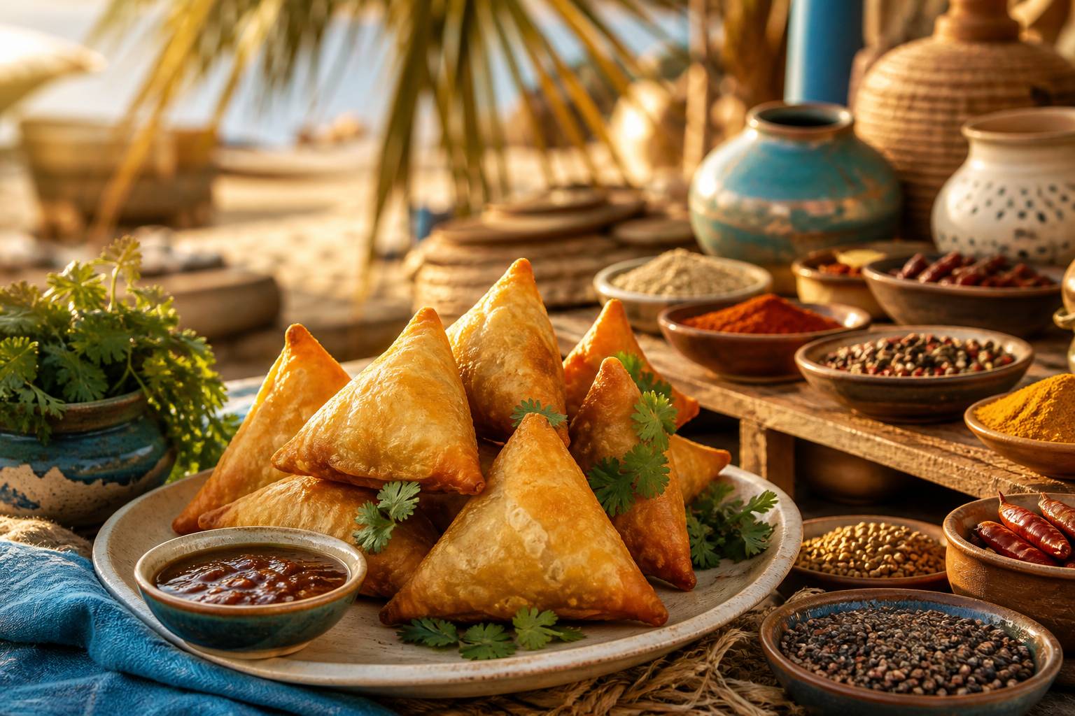 Samoussas triangulaires dorés avec chutney et coriandre sur un plat