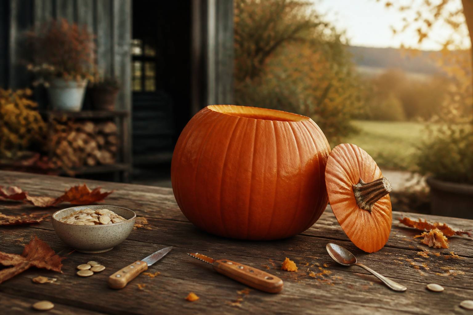 Citrouille prête à sculpter avec couteau, cuillère et graines de courge sur une table en bois