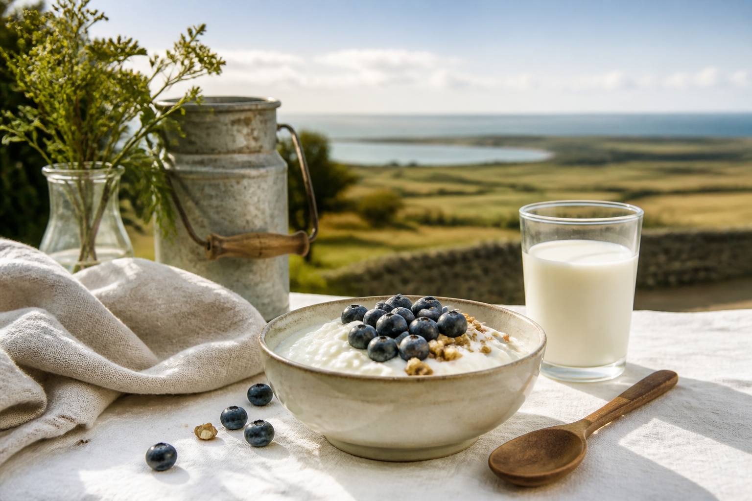 Bol de skyr nature avec myrtilles, noix et cuillère en bois
