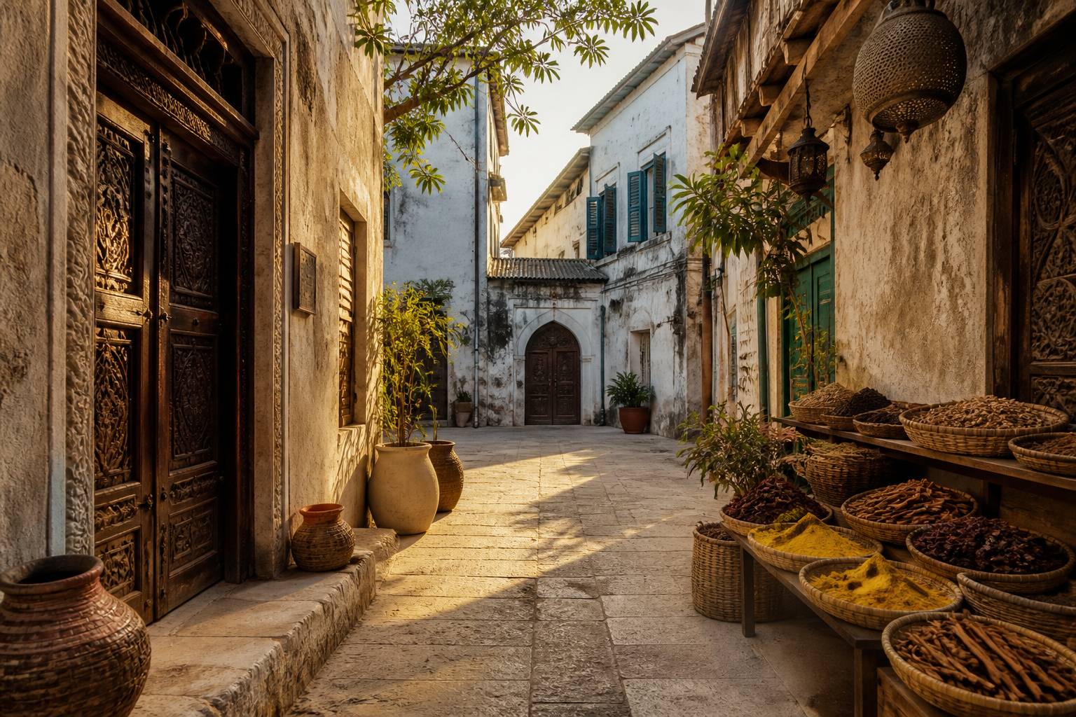 Ruelle de Stone Town avec portes sculptées et étals d'épices