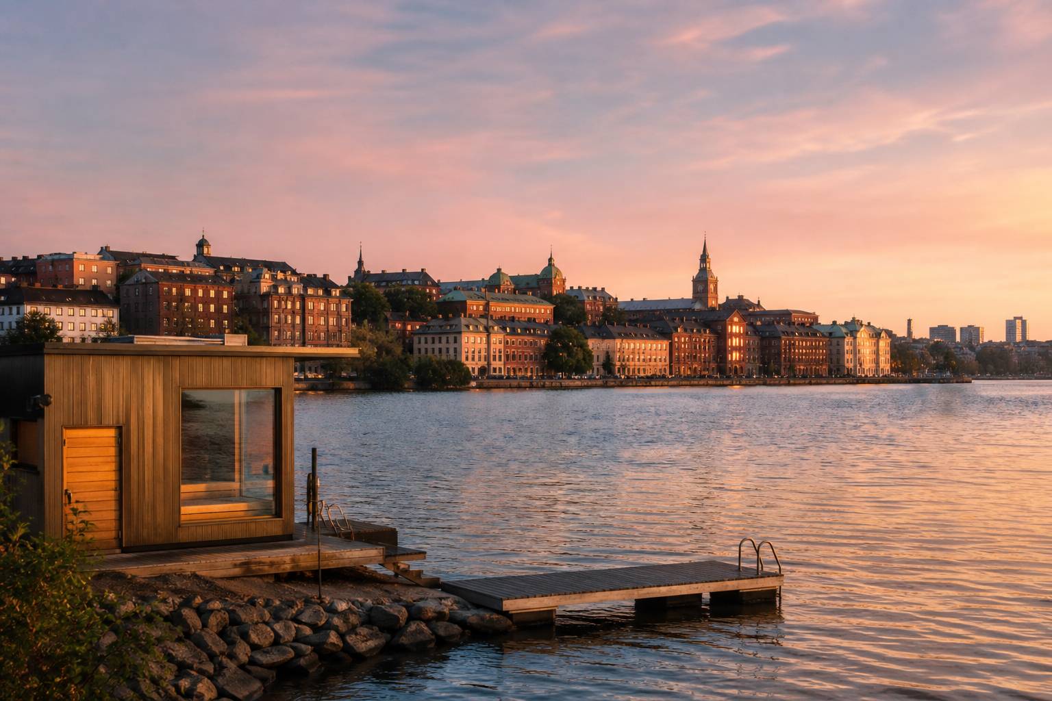 Vue de Tampere au crépuscule avec un lac et un sauna en bois