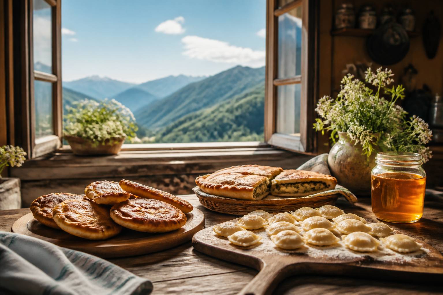 Tourtons dorés, ravioles et tourte paysanne sur une table de ferme