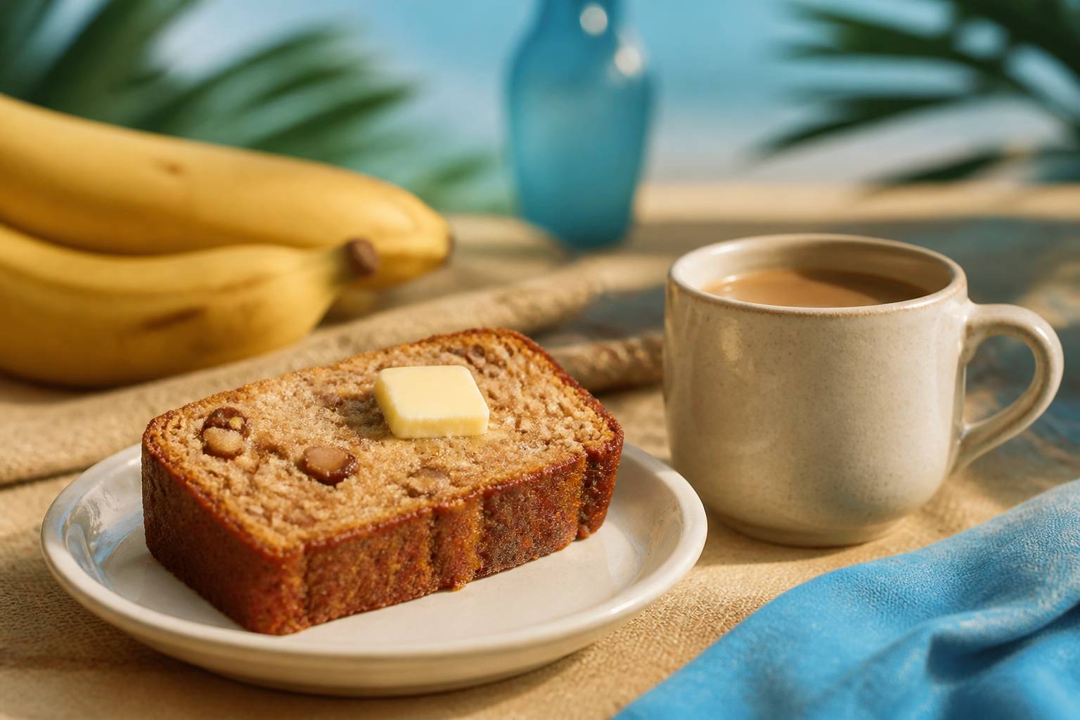 Tranche de banana bread aux noix avec une tasse de café