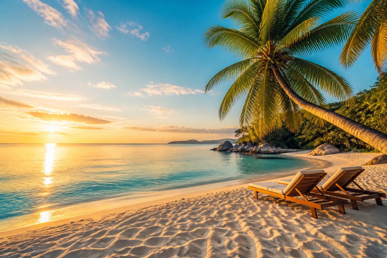 Plage paradisiaque au coucher du soleil avec transats sous un palmier