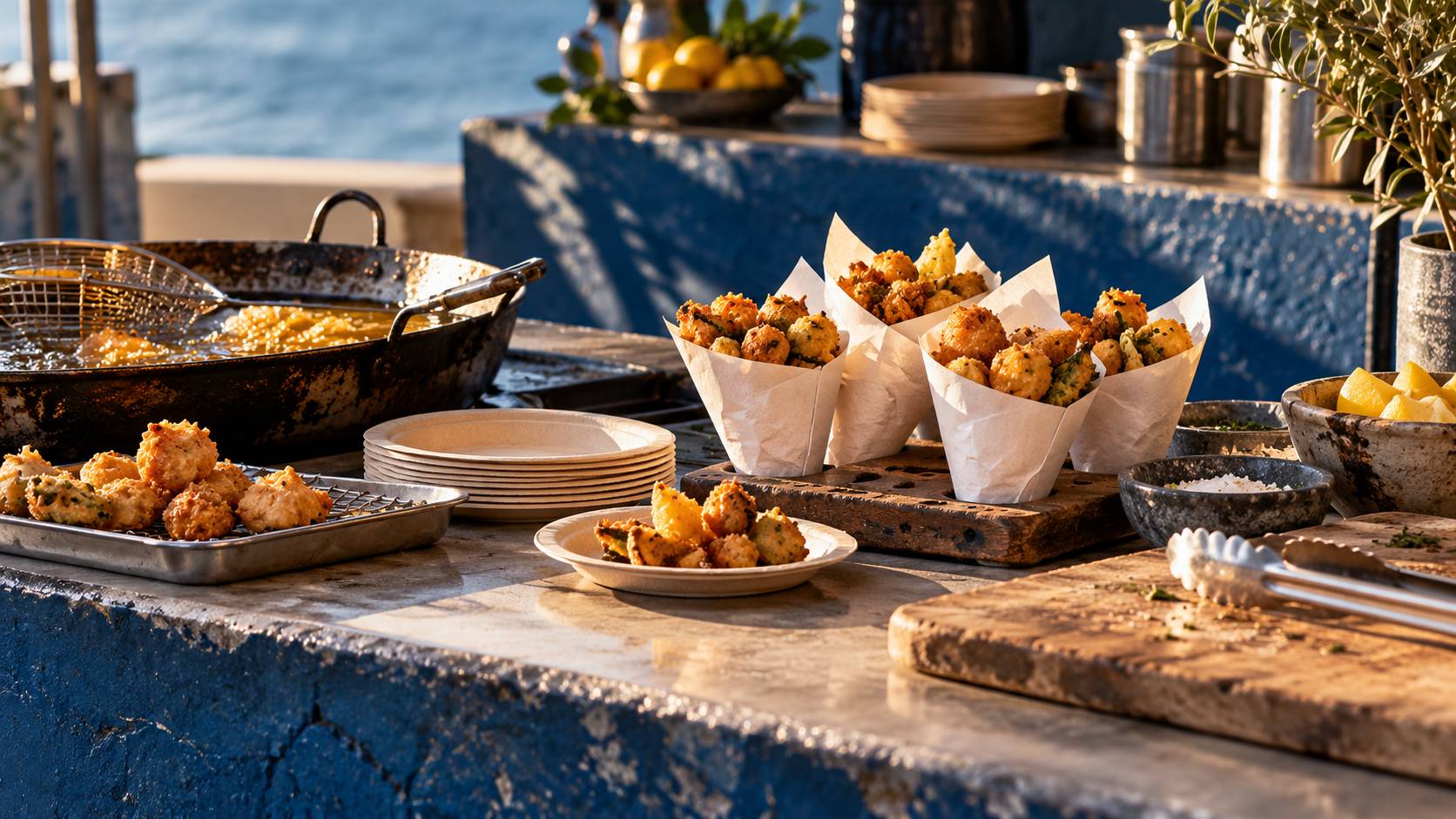 Comptoir de cuisine de rue avec cornets en papier garnis et pince métallique