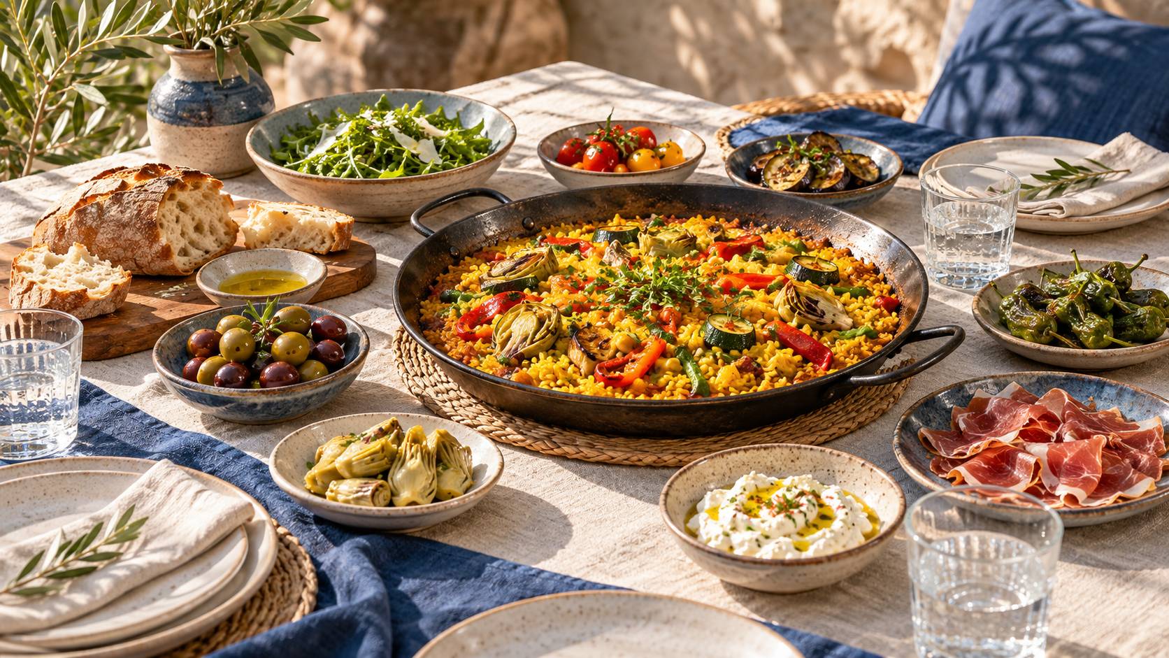 Grande poêle de riz safrané et petites assiettes de tapas sur une table de partage