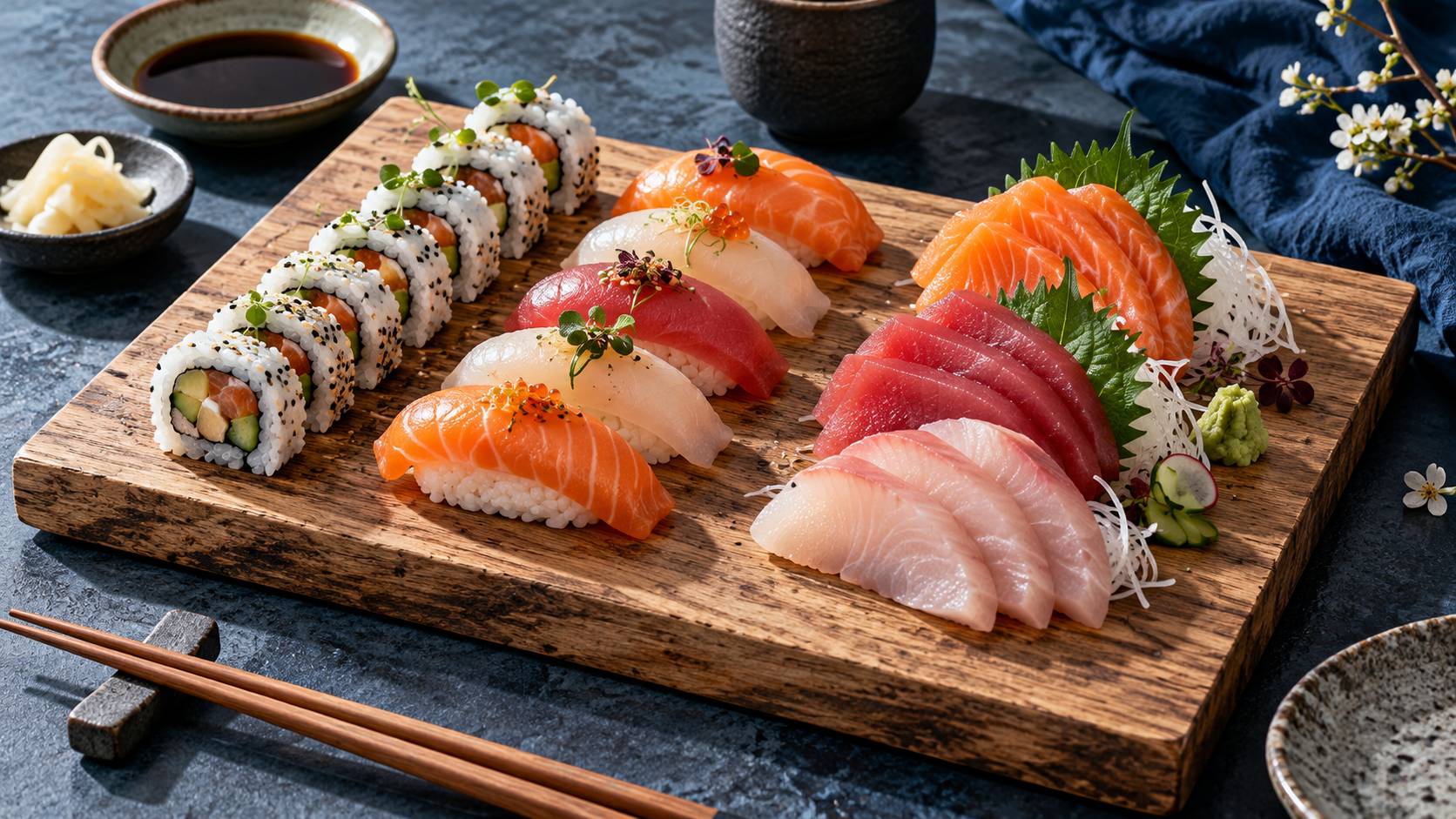 Planche de bois présentant rouleaux coupés, bouchées de riz et tranches de poisson cru